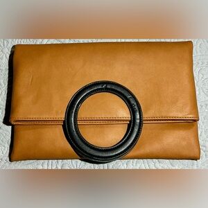 Anthropologie Camel Tan Clutch with Black Ring Handle